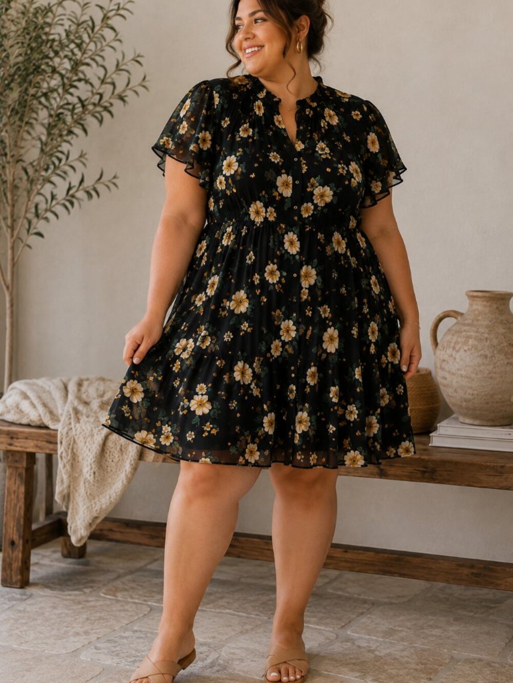 Torrid Black Yellow Floral Ruffled Mini Dress Womens 2X Spring Casual Beachy